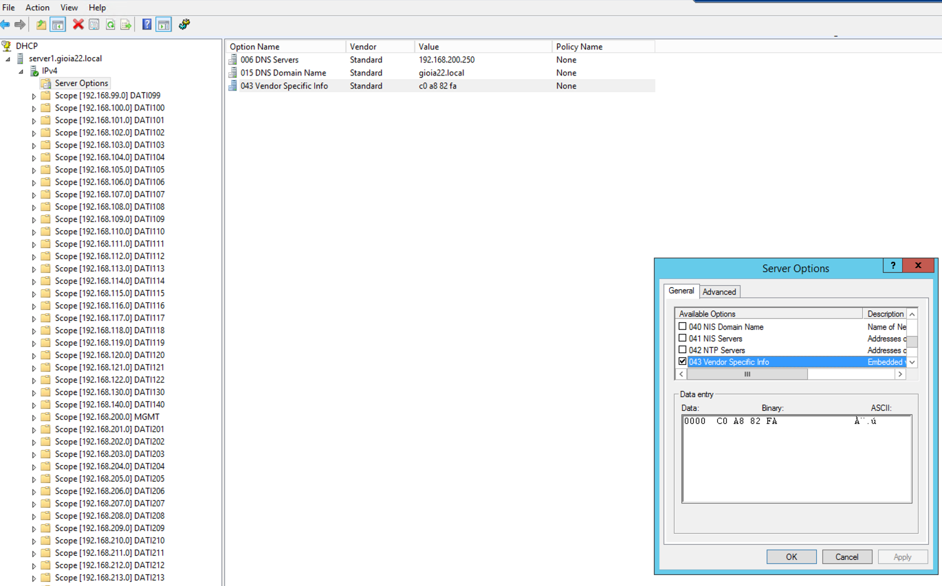Windows DHCP Server option 43 configured with the Position Engine address in hexadecimal